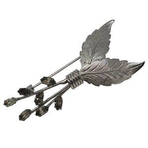 Vintage Silver Tone Leaf and Rhinestone Floral Brooch Pin Lapel Pin Jewelry
